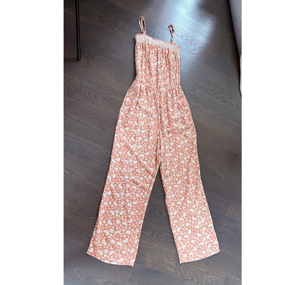 Faherty Floral Smocked Wide Leg Jumpsuit Coral Pink White Womens Size M